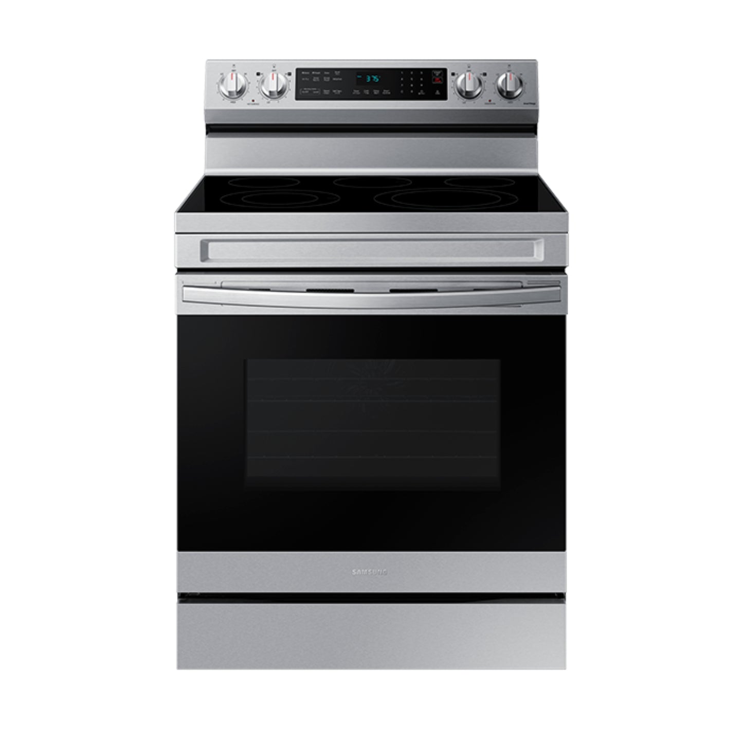 Cocina Samsung plateada frontal con horno y estufa de inducción