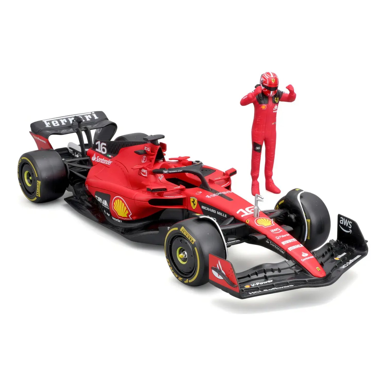 Auto de carreras Ferrari rojo con figura de piloto y detalles realistas
