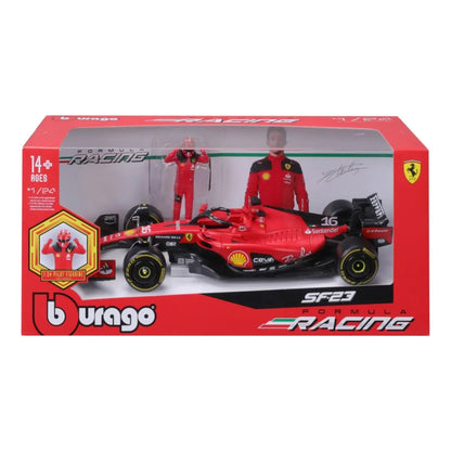 auto de carreras Ferrari SF21 Maisto, modelo rojo, vista frontal con piloto incluido