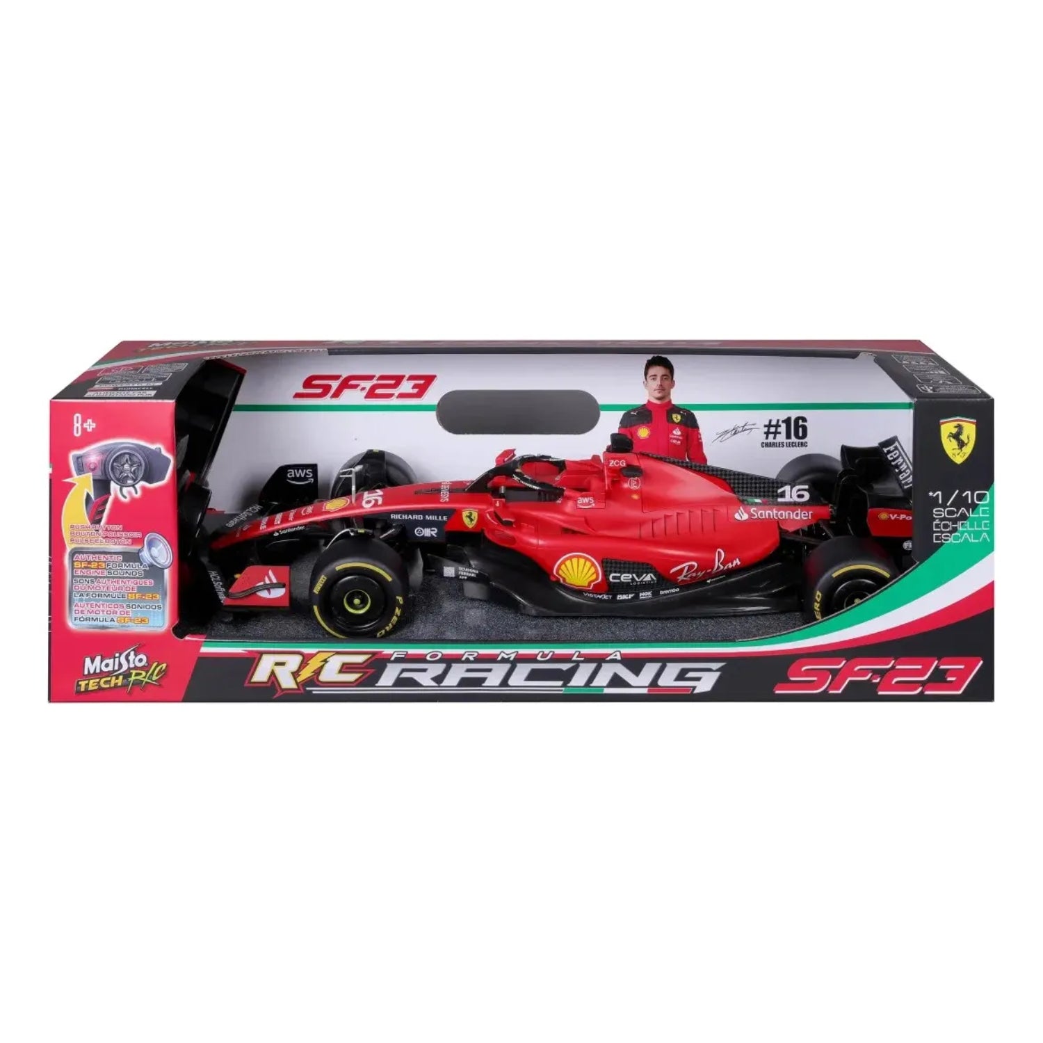 Coche de control remoto Ferrari SF23 rojo, vista frontal, ideal para niños a partir de 8 años.