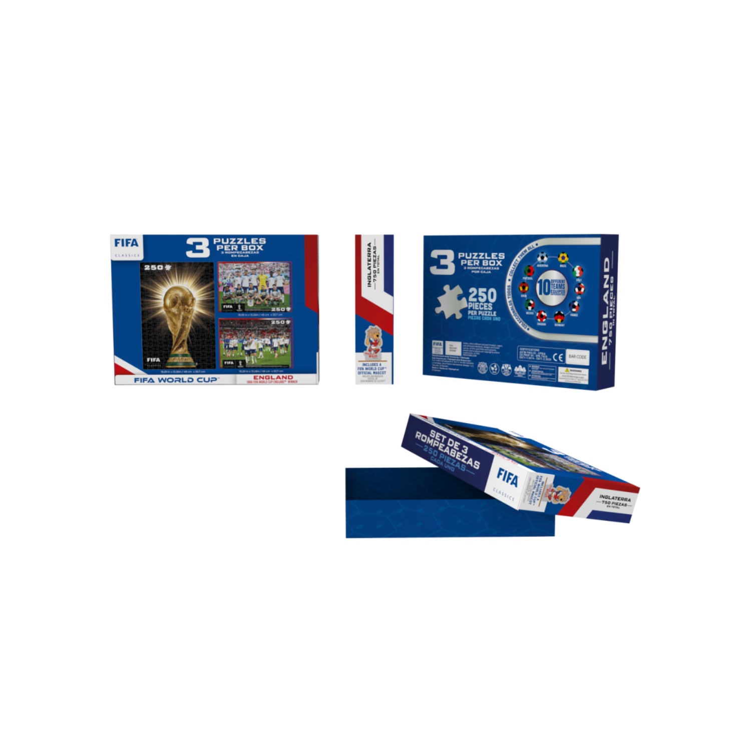 figura coleccionable FIFA, vista frontal y lateral, caja con tres rompecabezas