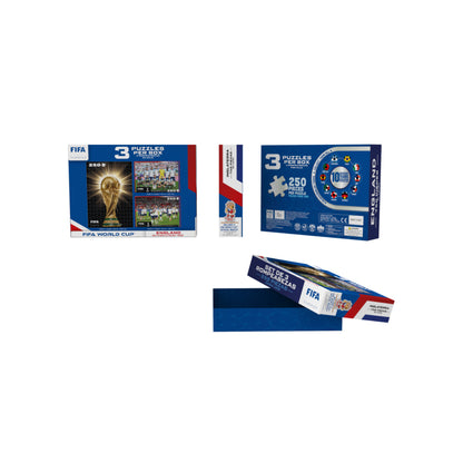 figura coleccionable FIFA, vista frontal y lateral, caja con tres rompecabezas