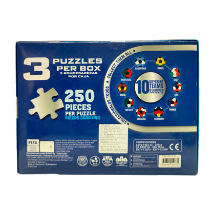 Rompecabezas de fútbol hoy, caja con 3 puzzles de 250 piezas cada uno