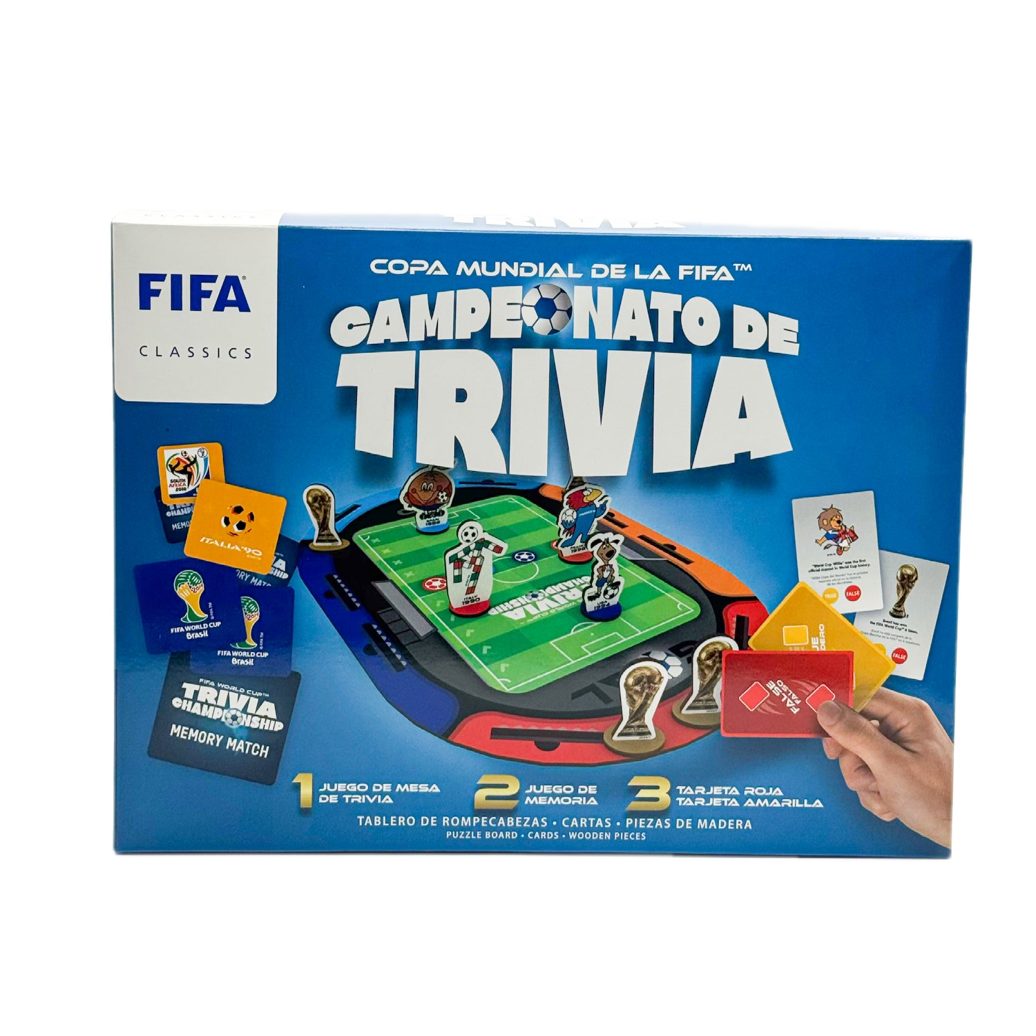 Juego de mesa Campeonato de Trivia FIFA, vista frontal con tablero y piezas de madera