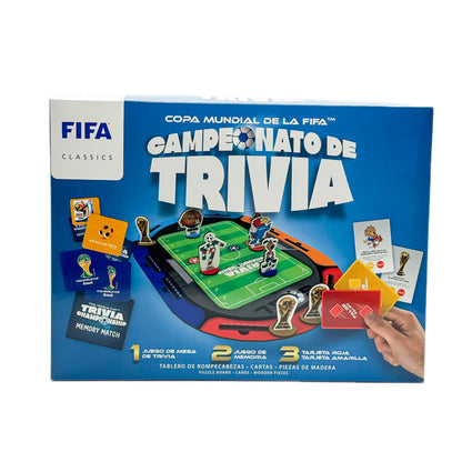 Juego de mesa Campeonato de Trivia FIFA, vista frontal con tablero y piezas de madera