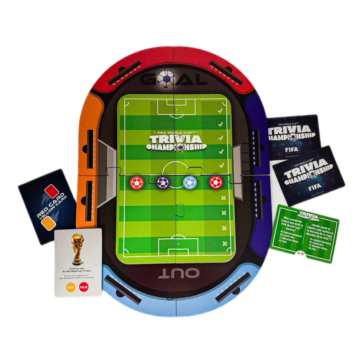 juego de mesa de fútbol vista superior con cartas de trivia y campo de juego