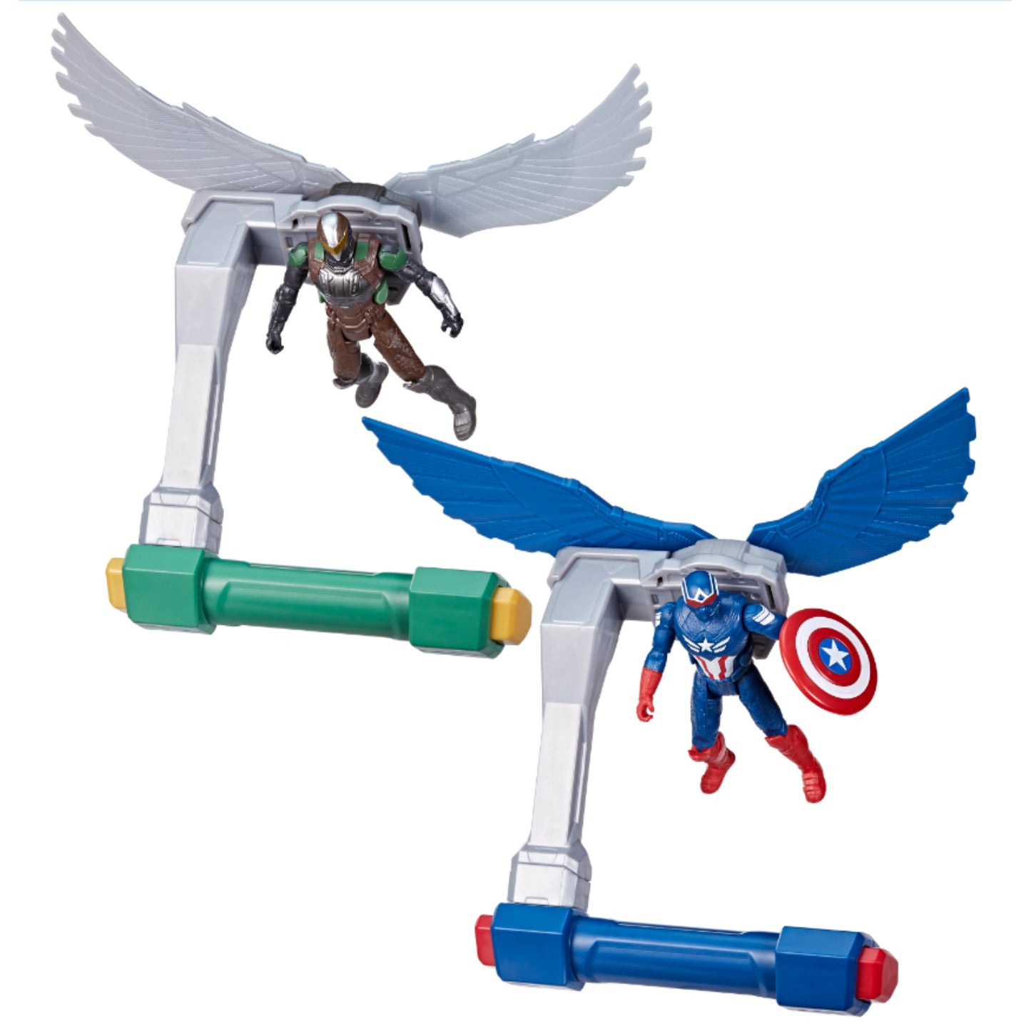 Figura de superhéroes voladores, colores variados, vista frontal, acción y diversión