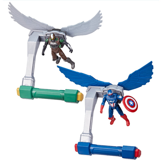 Figura de superhéroes voladores, colores variados, vista frontal, acción y diversión