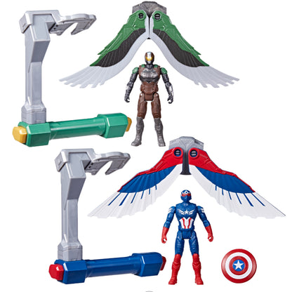 Figura de superhéroe con alas verdes y rojas, acción de Hasbro