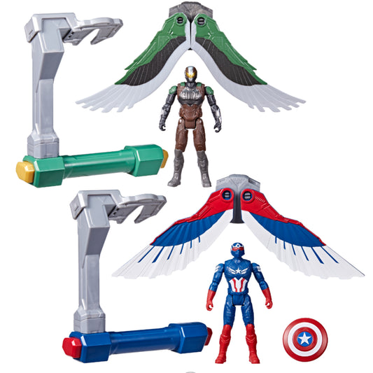 Figura de superhéroe con alas verdes y rojas, acción de Hasbro