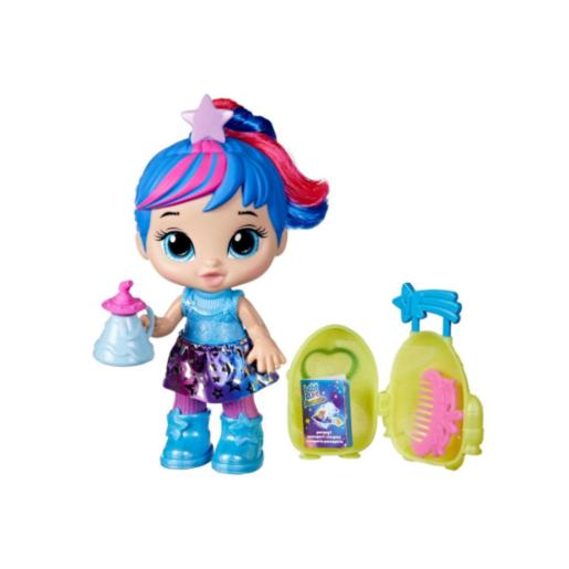 Figura colorida con cabello brillante y accesorios de juego
