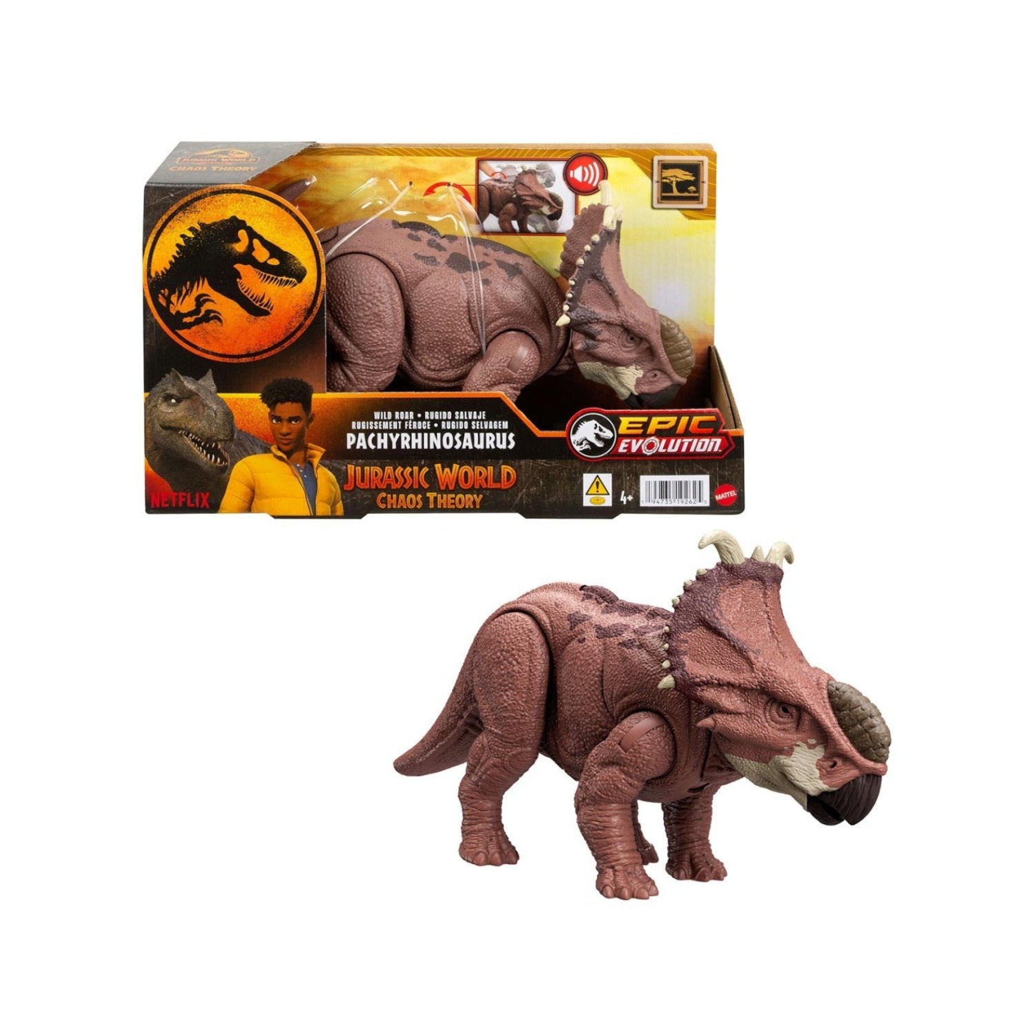 Figura Pachyrhinosaurus de Jurassic World, color marrón, vista frontal con caja