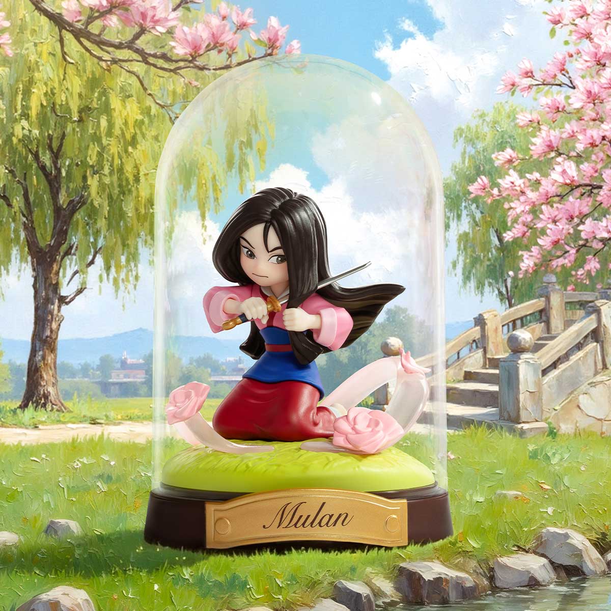 Figura Mulan en domo, acción, paisaje floral de fondo