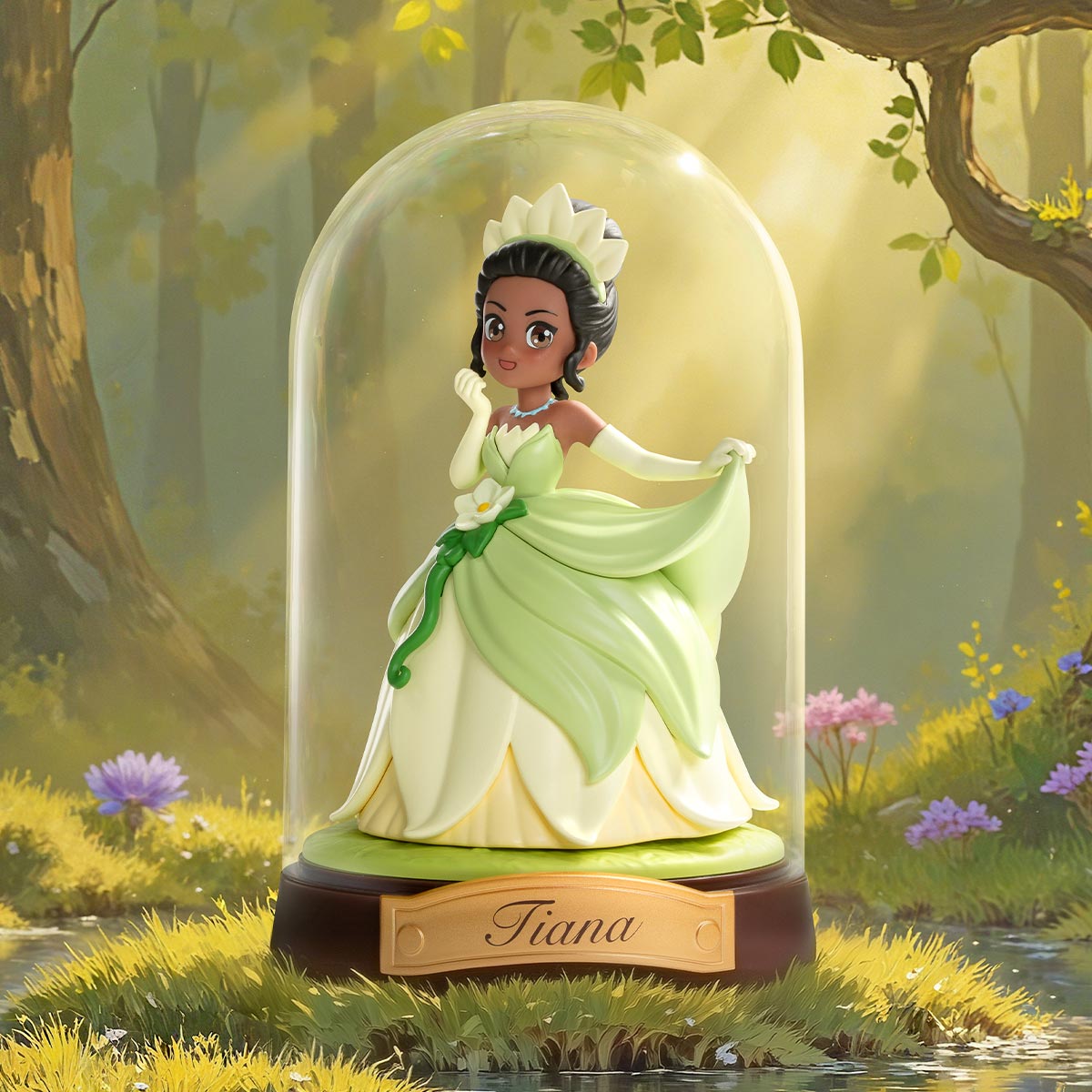 Figura Tiana verde en campana de cristal, escena mágica en el bosque