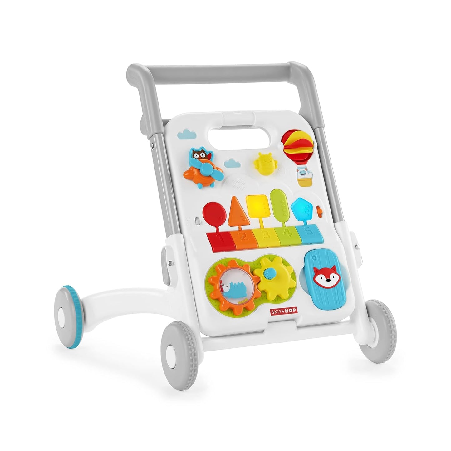 Andador SKIP*HOP con juguetes coloridos, vista frontal, ideal para niños