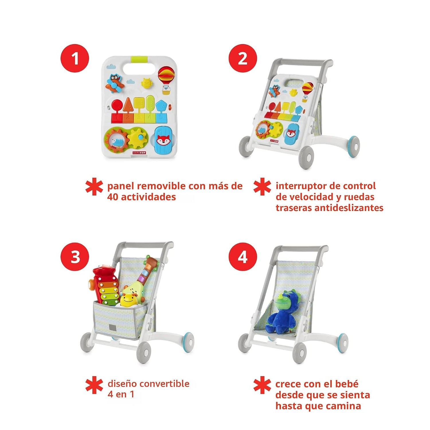Carrito de actividades SKIP*HOP blanco, panel removible y convertible en 4 en 1