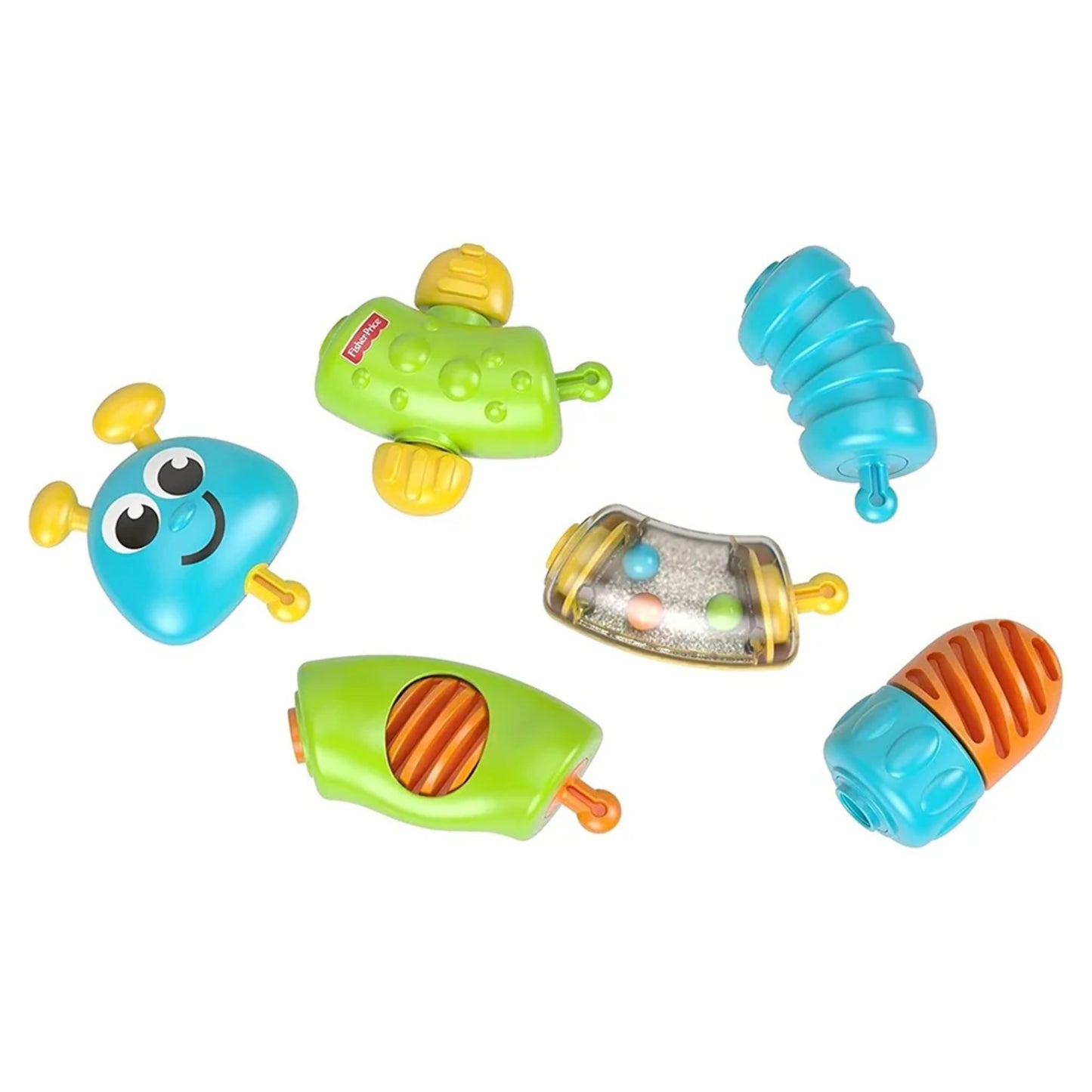 Juguetes de movimiento MATTEL color verde y azul, varios modelos en un ambiente lúdico