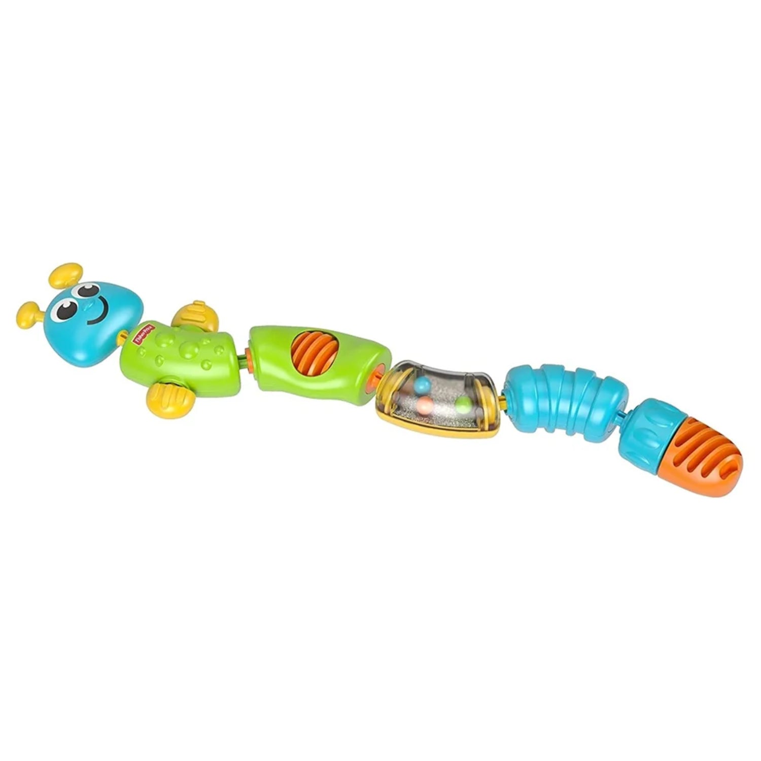 Juguete educativo en forma de oruga, colores verde y azul, ideal para el desarrollo infantil