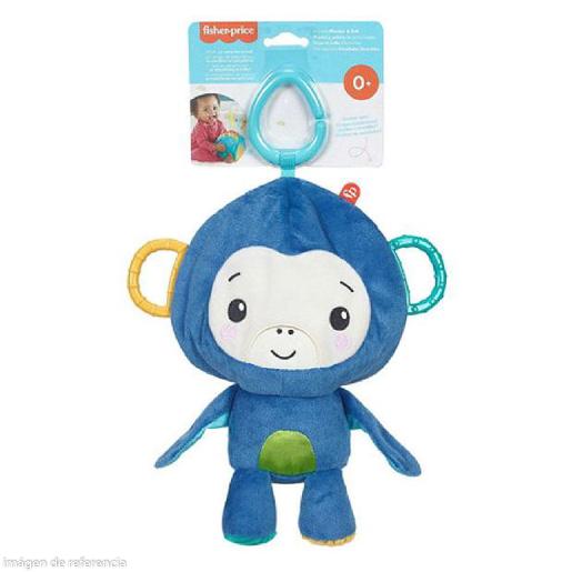 Juguete de peluche mono azul, vista frontal con clips, ideal para bebés