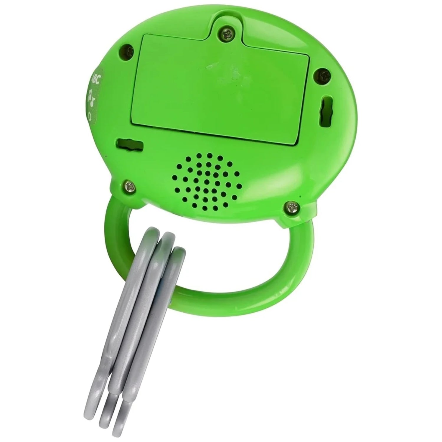 juguetes para bebés, juguete musical verde, vista trasera y botones