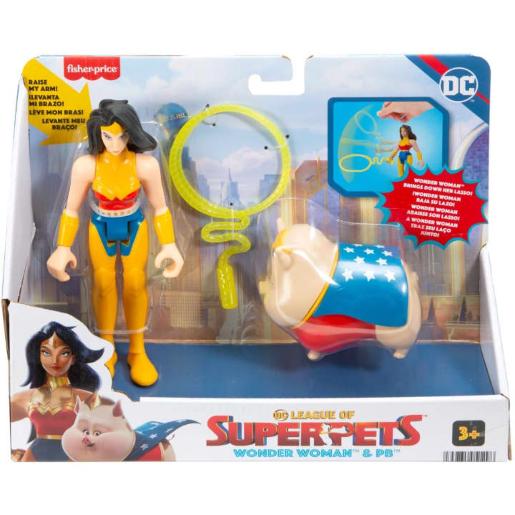 Figura Wonder Woman de DC Super Pets con hámster y lazo amarillo en empaque