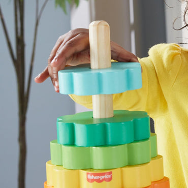 Bloques de apilar Fisher-Price en colores azul, verde y amarillo, vista frontal