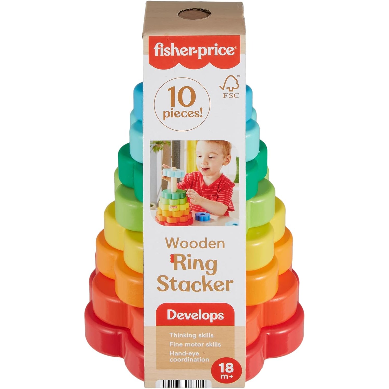 Apilador de anillos de madera Fisher-Price en colores vivos, desarrolla habilidades motoras