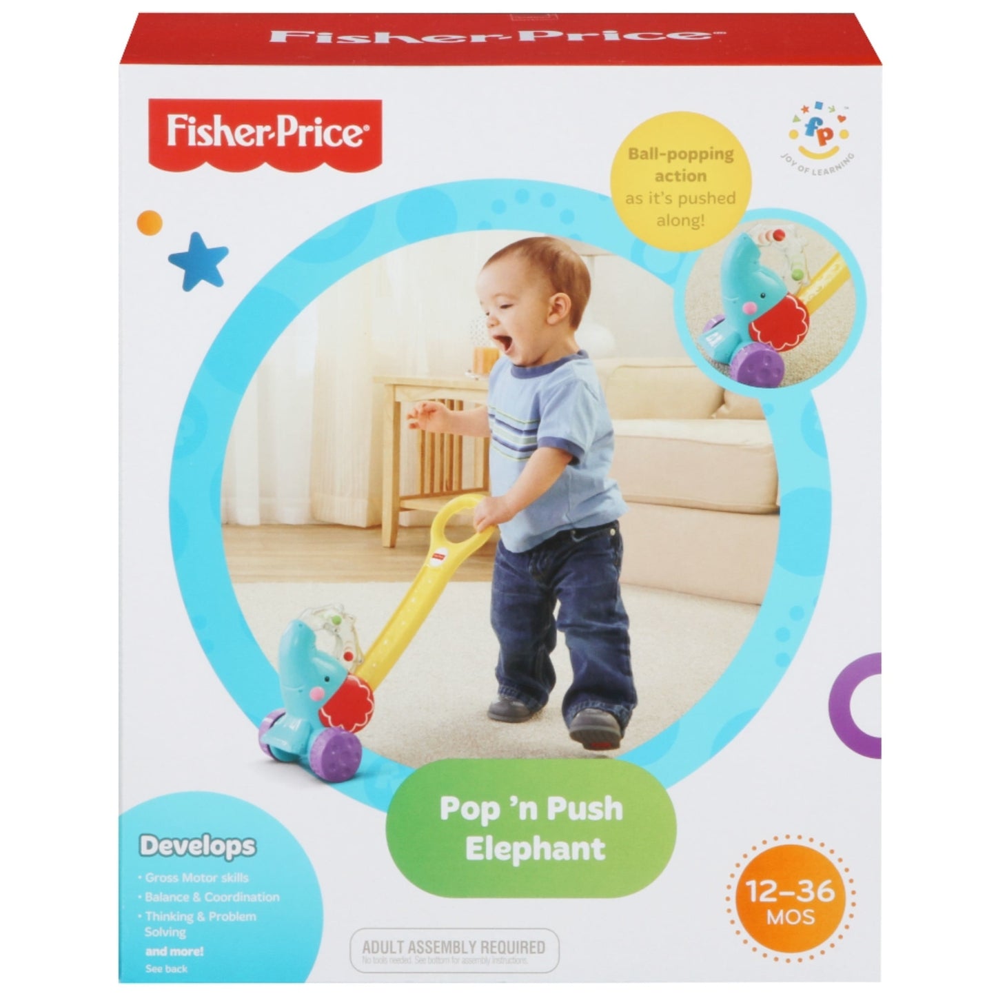 Elefante Pop n Push de Fisher-Price, juguete colorido para empujar, desarrollo infantil