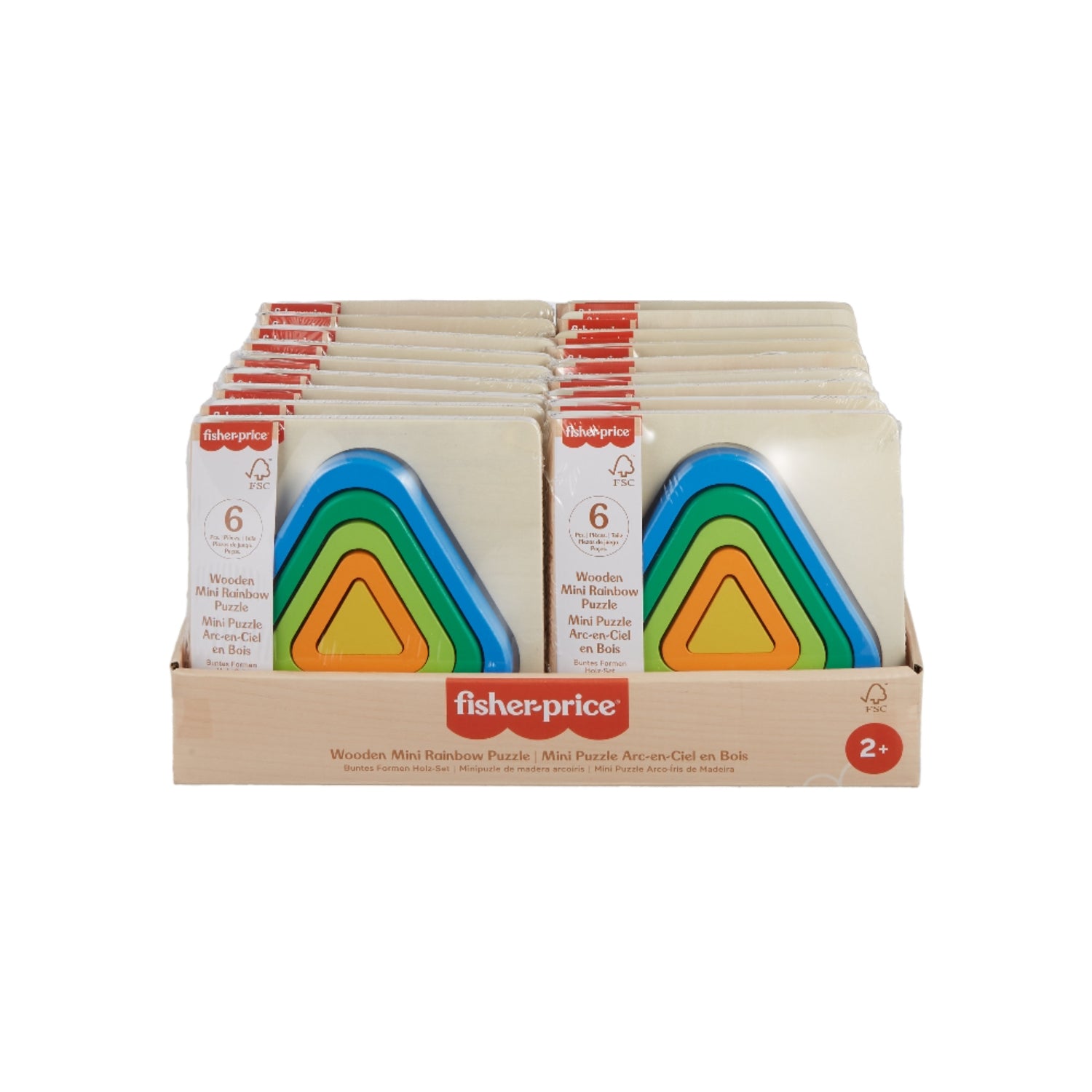 Rompecabezas de madera Fisher Price, triángulos coloridos, vista frontal, juego educativo