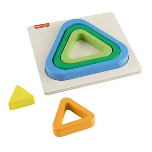 Rompecabezas Fisher-Price de triángulos, colores azul, verde, naranja y amarillo