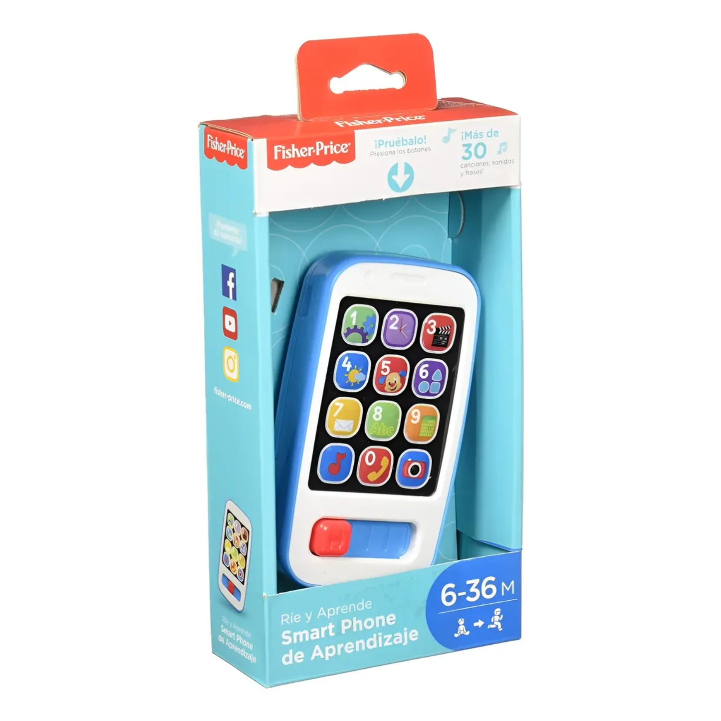 Teléfono inteligente Fisher-Price de s m aprendizaje, color azul con botones numéricos, en su empaque
