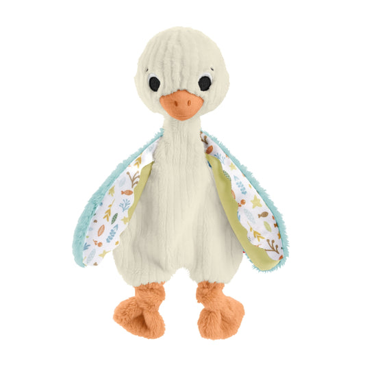 Pato de peluche suave, color blanco y naranja, vista frontal, juguete para niños