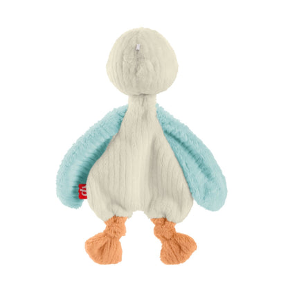 Pato de peluche suave en colores azul y beige, vista trasera ideal para juegos de bebés