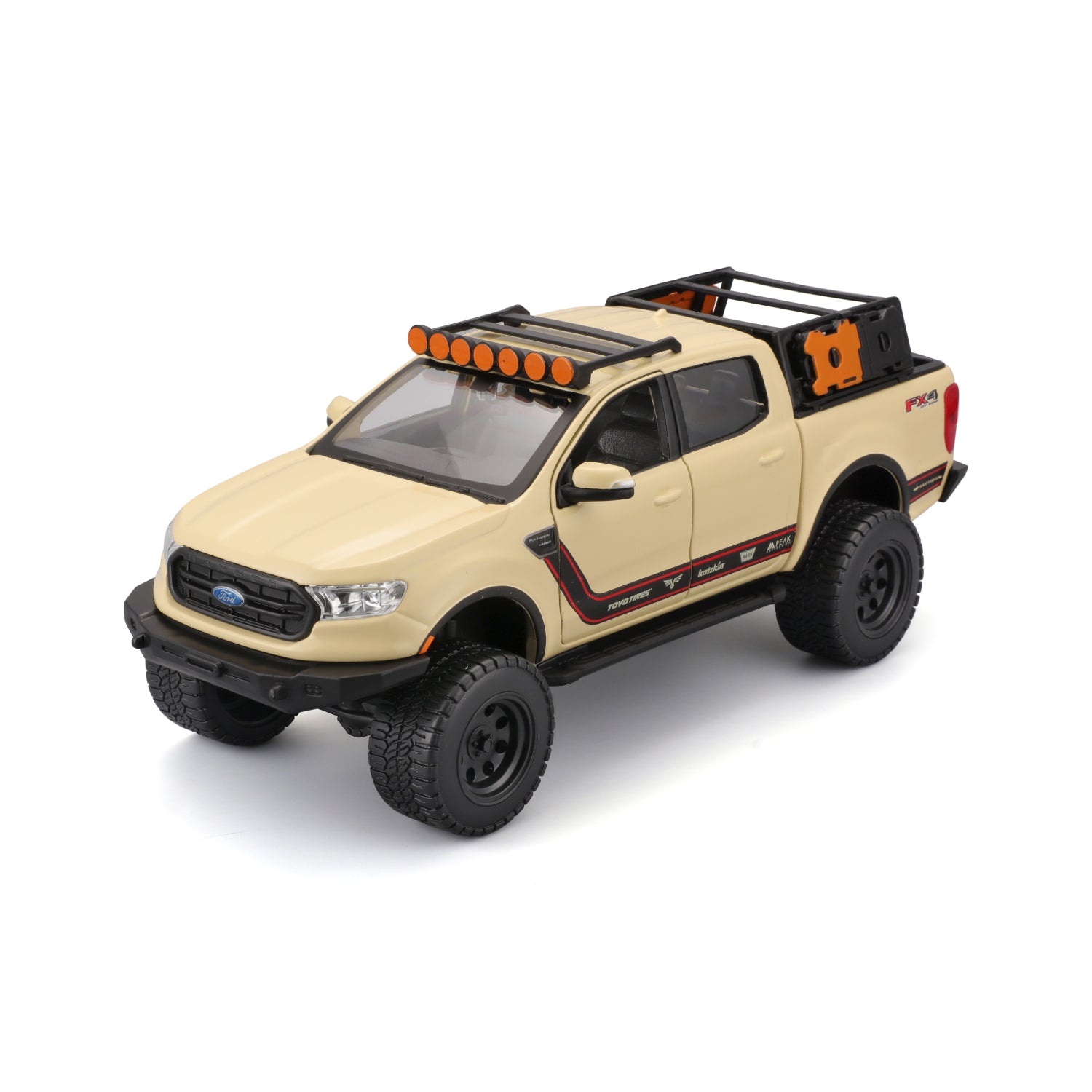 Carro Maisto modelo todoterreno beige, vista lateral con luces en el techo