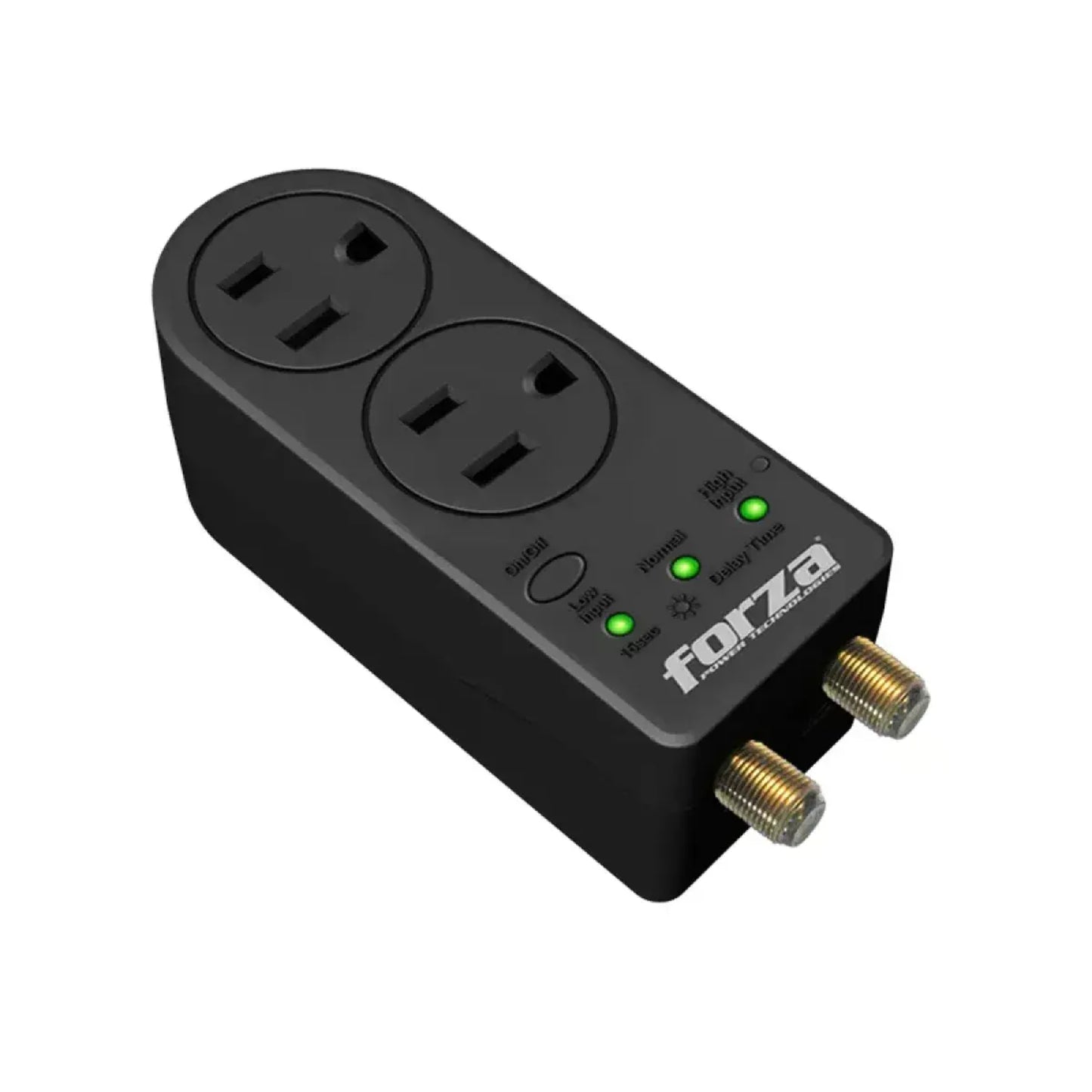 Protector de voltaje para electrodomésticos FORZA modelo LL05 con dos salidas eléctricas y conexiones coaxiales