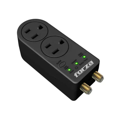 Protector de voltaje para electrodomésticos FORZA modelo LL05 con dos salidas eléctricas y conexiones coaxiales