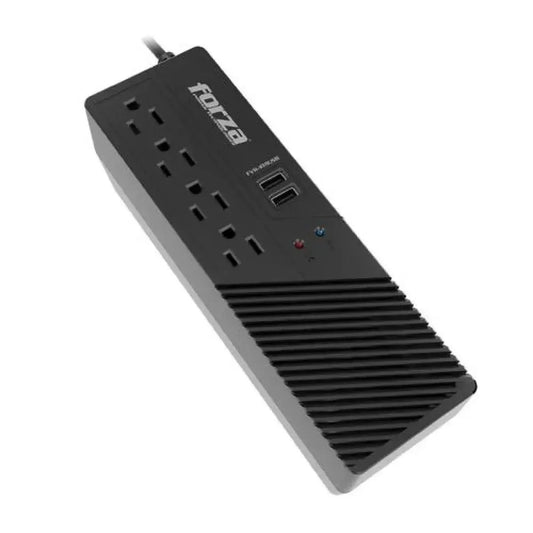 Regulador de voltaje 1000VA FORZA modelo LL05 con múltiples enchufes y puertos USB en color negro