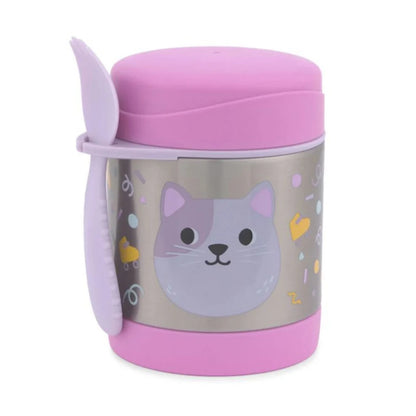 Frasco rosa con diseño de gato, vista lateral, ideal para comida infantil.