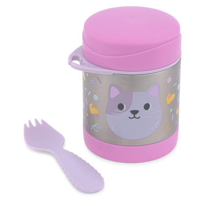 Frasco rosa con diseño de gato, incluye cuchara, ideal para meriendas infantiles
