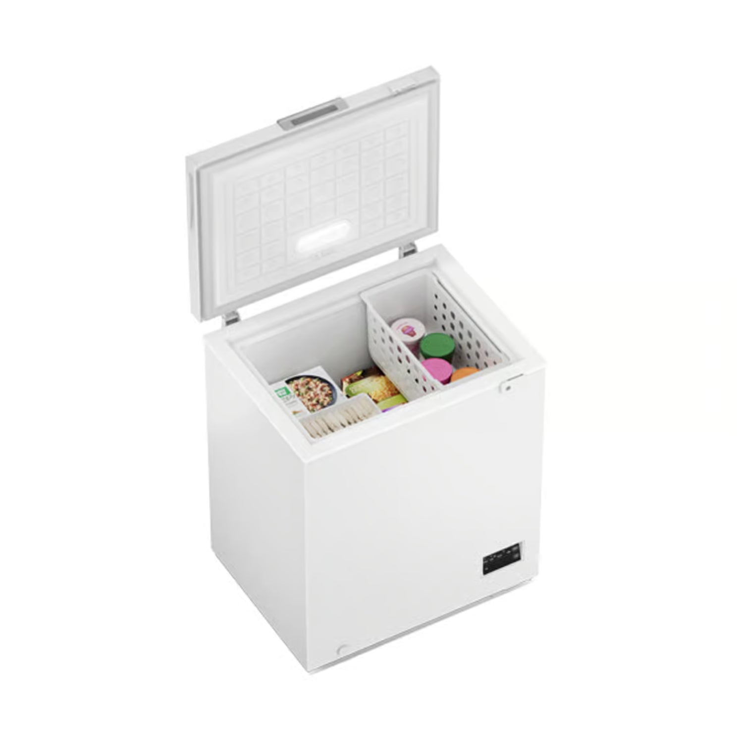 Congelador Frigidaire blanco con tapa abierta y alimentos organizados en cestas