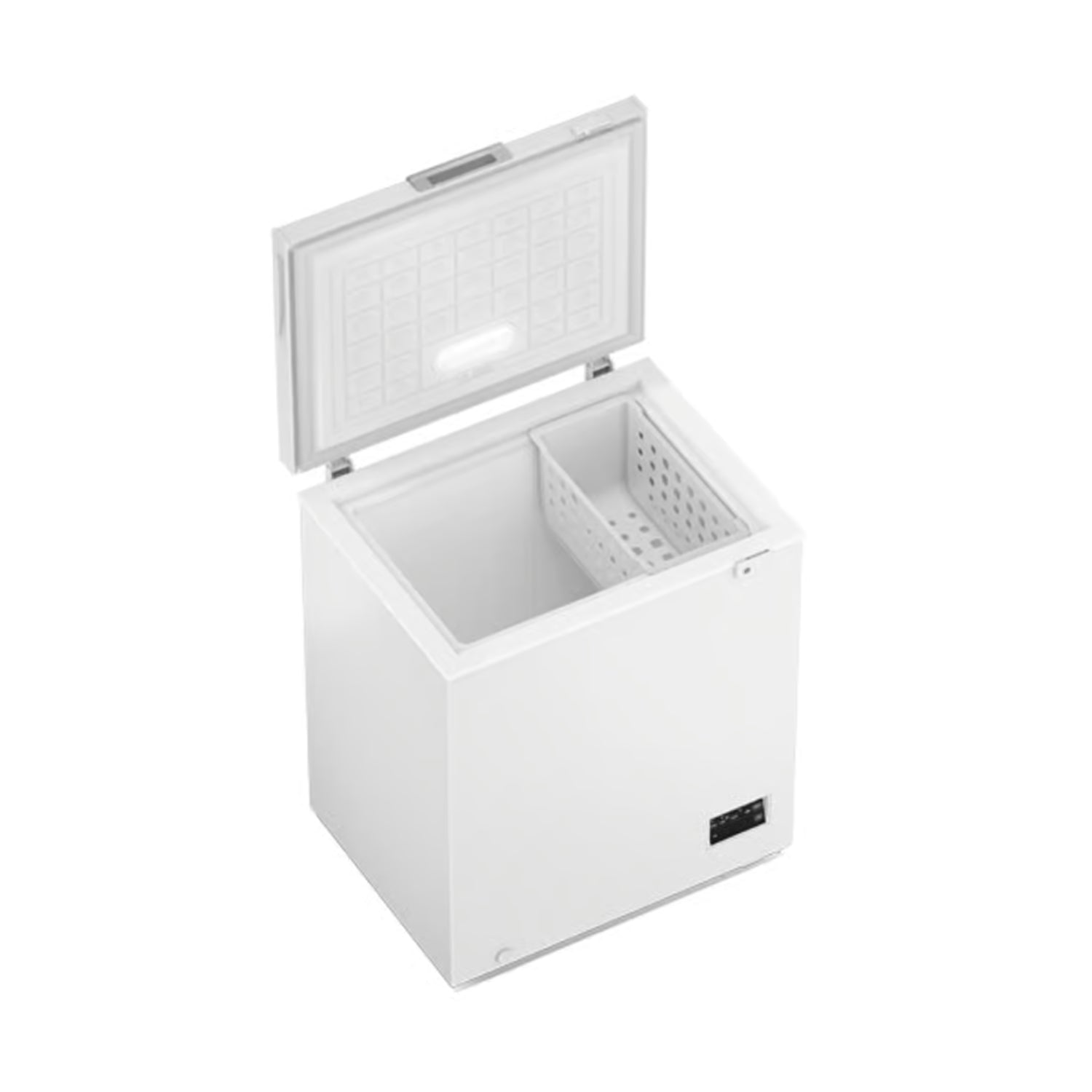 Freezer Frigidaire blanco frontal, vista abierta con cestas para organización