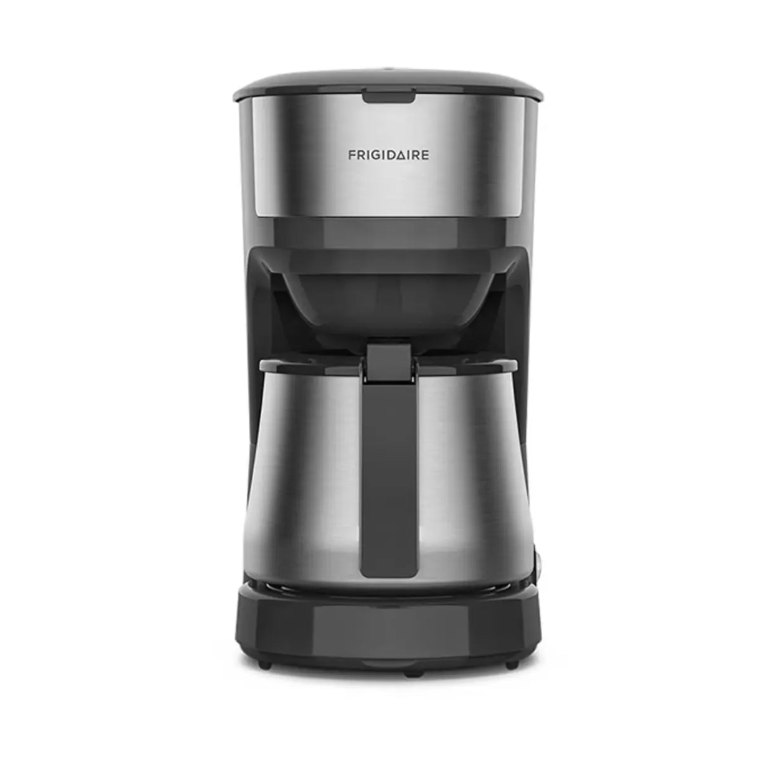 cafetera Frigidaire 1.2 litros acero inoxidable, vista frontal, diseño moderno