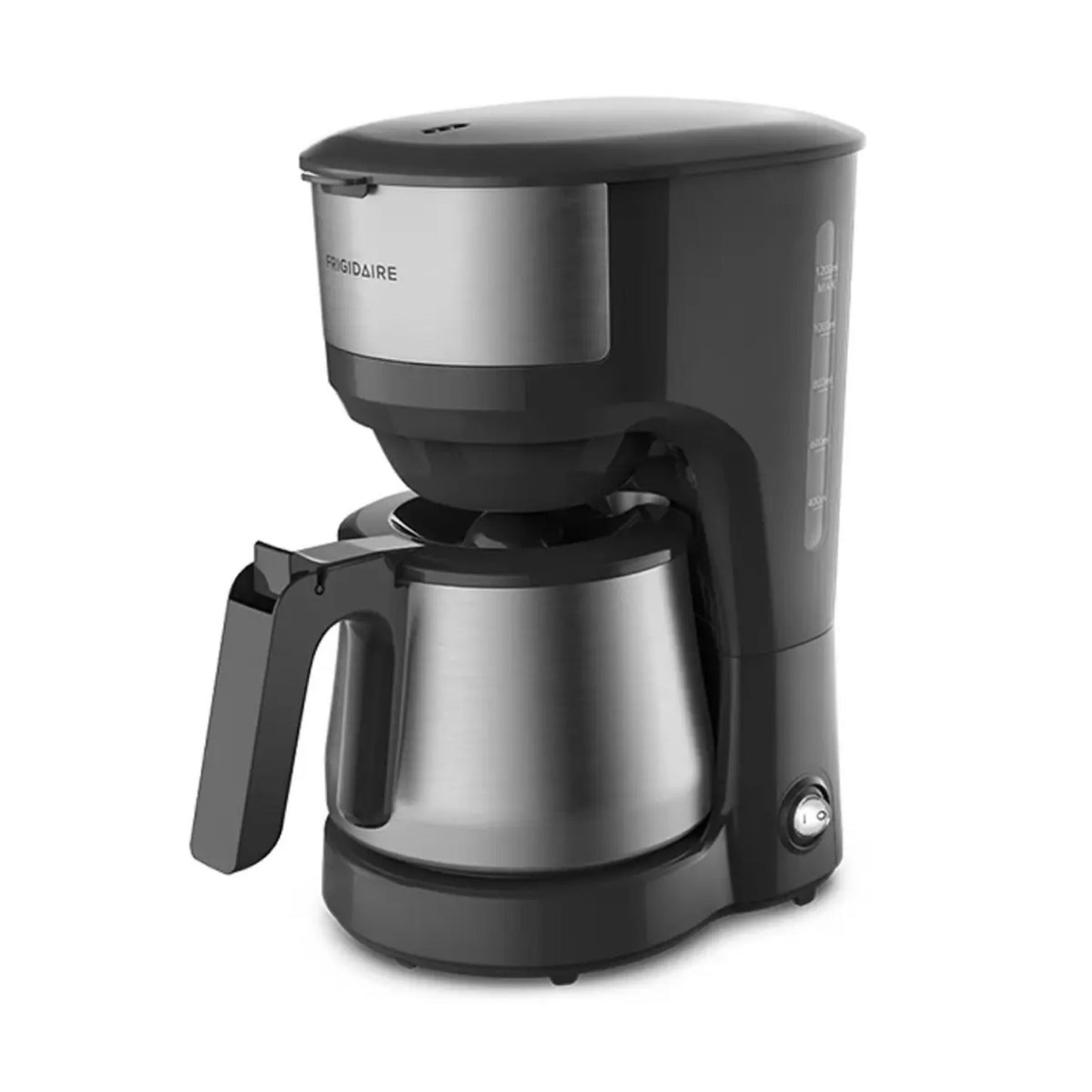 cafetera Frigidaire 1.2 litros acero inoxidable, vista lateral, elegante diseño en negro