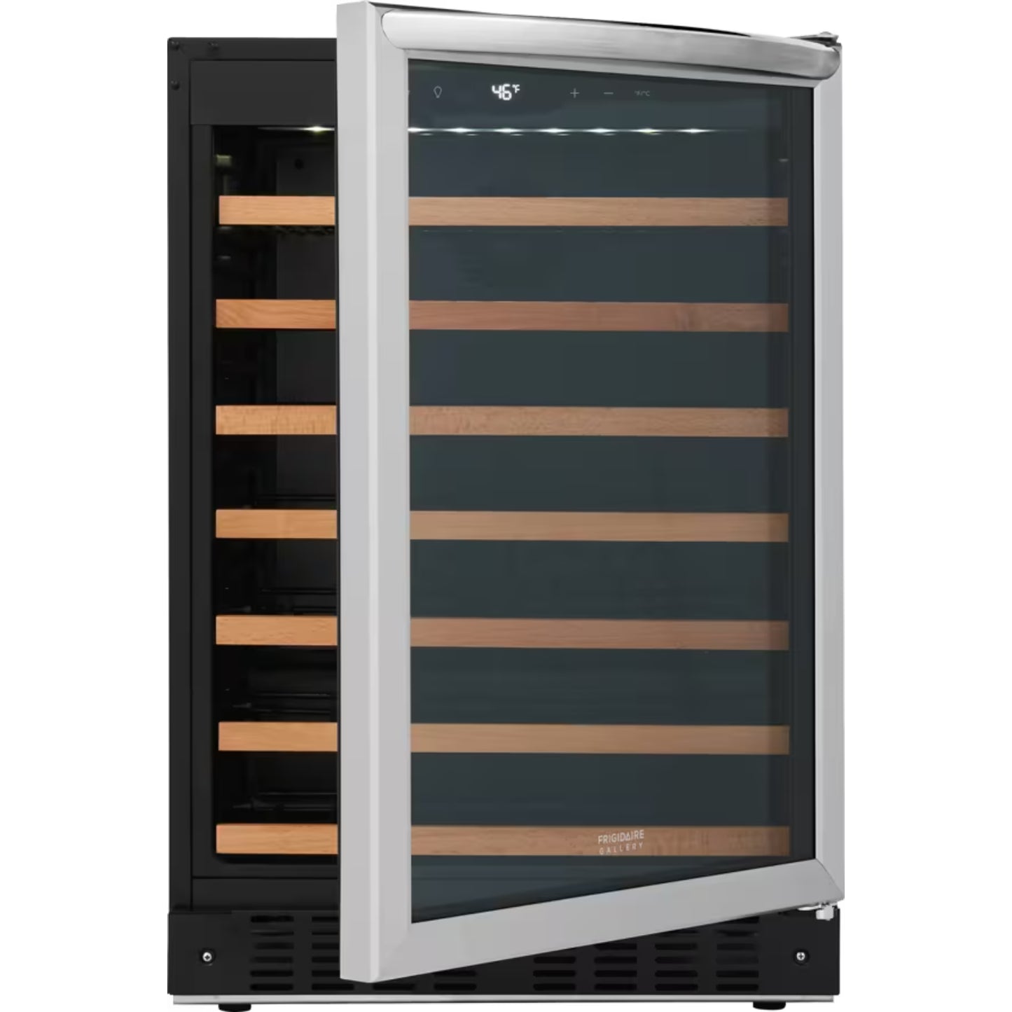 Cava Frigidaire con puertas de vidrio y estantes de madera, vista lateral