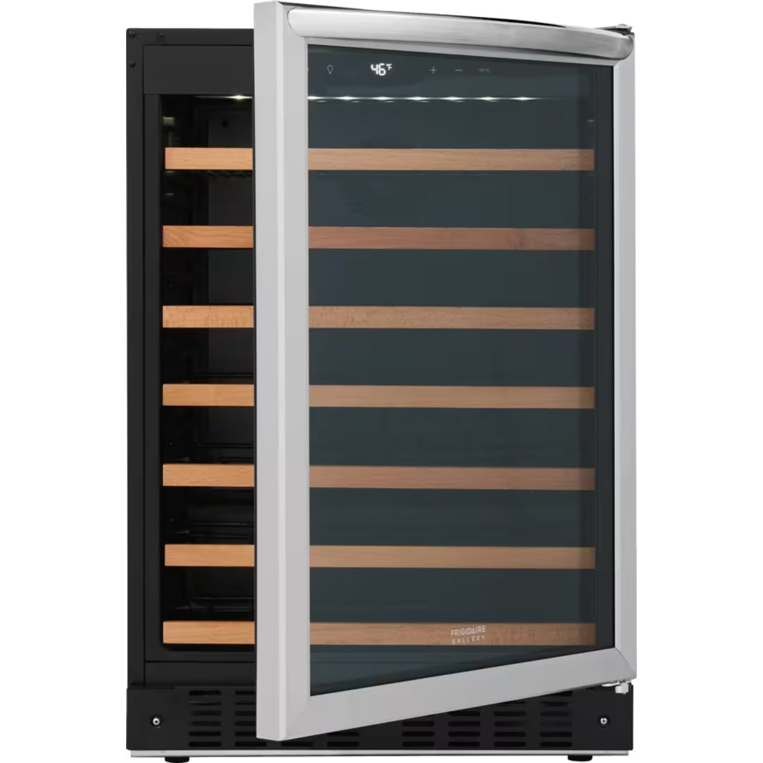 Cava Frigidaire con puertas de vidrio y estantes de madera, vista lateral