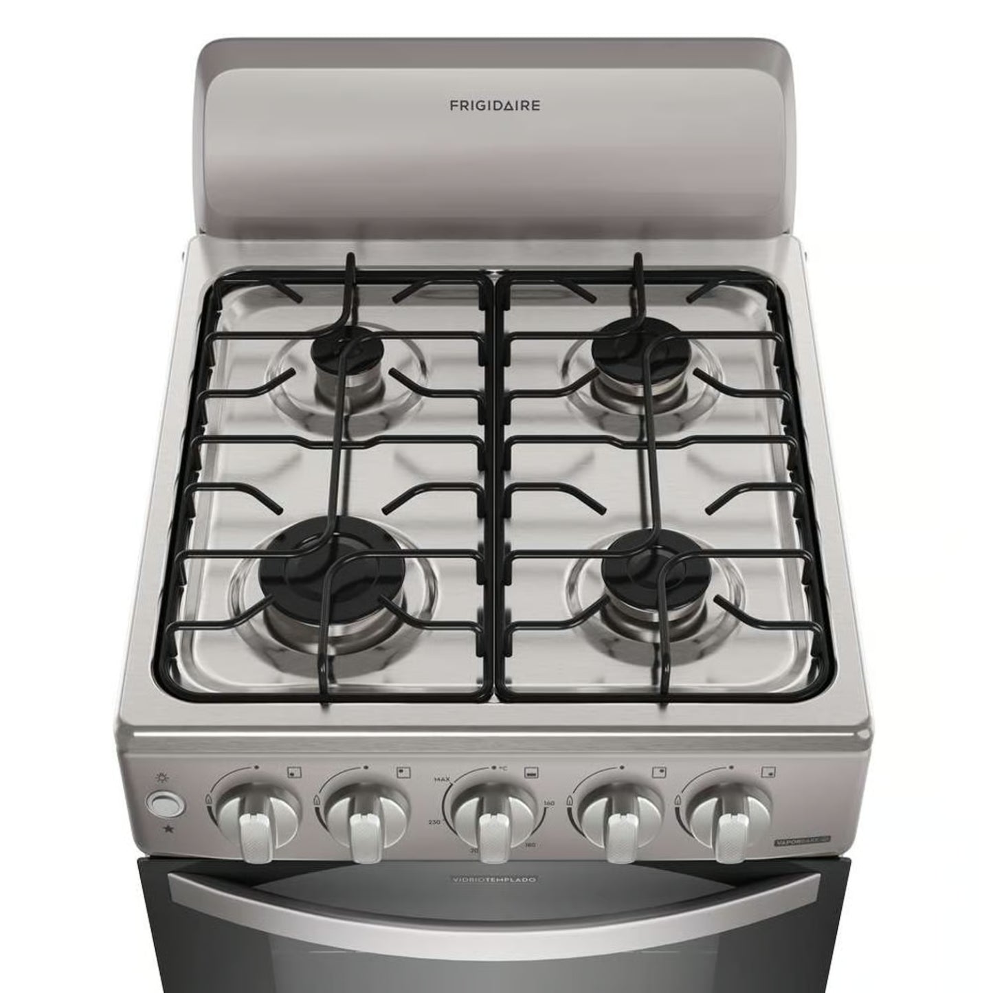 estufa de gas silver Frigidaire, vista superior con cuatro quemadores, comprar estufa de gas silver en Honduras