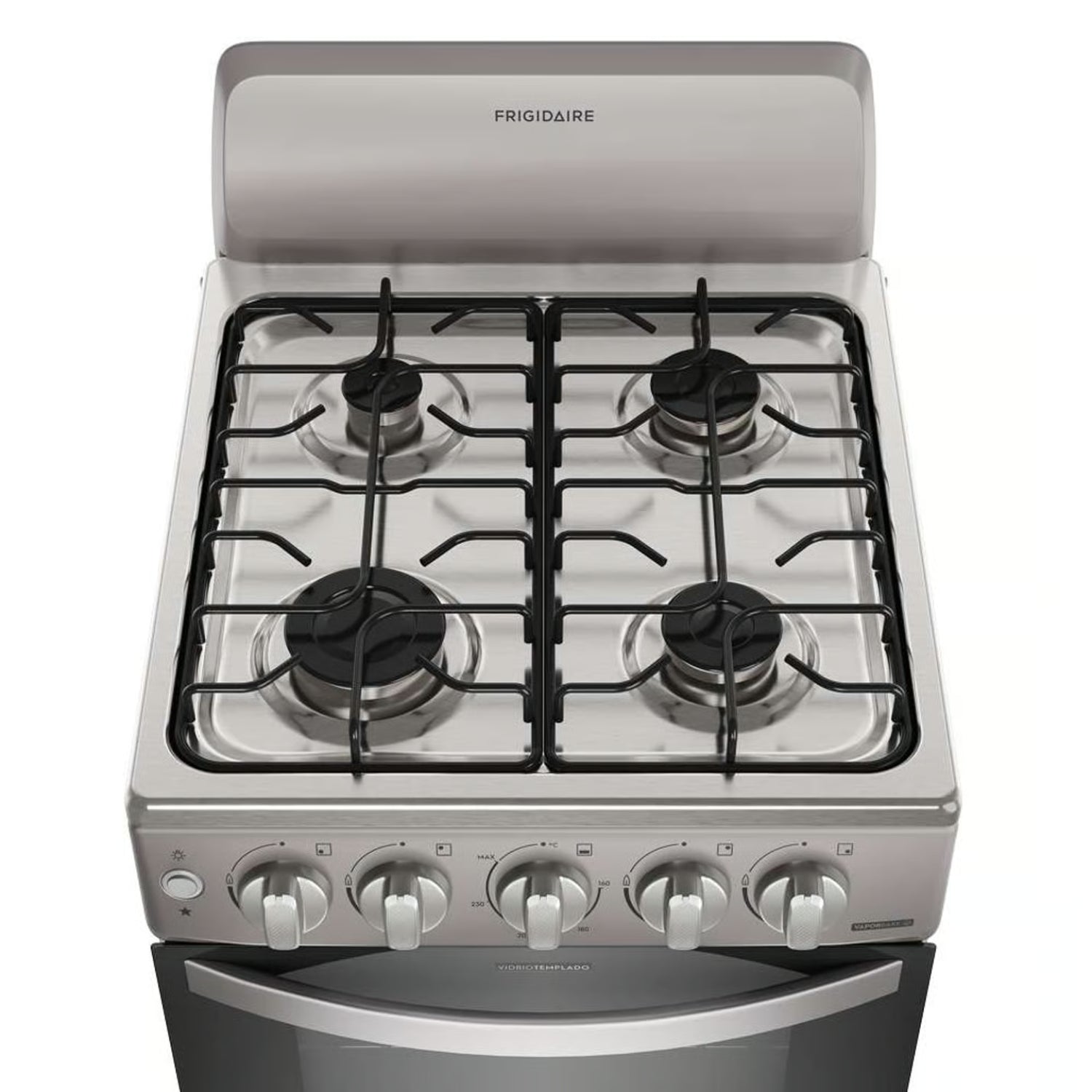 estufa de gas silver Frigidaire, vista superior con cuatro quemadores, comprar estufa de gas silver en Honduras