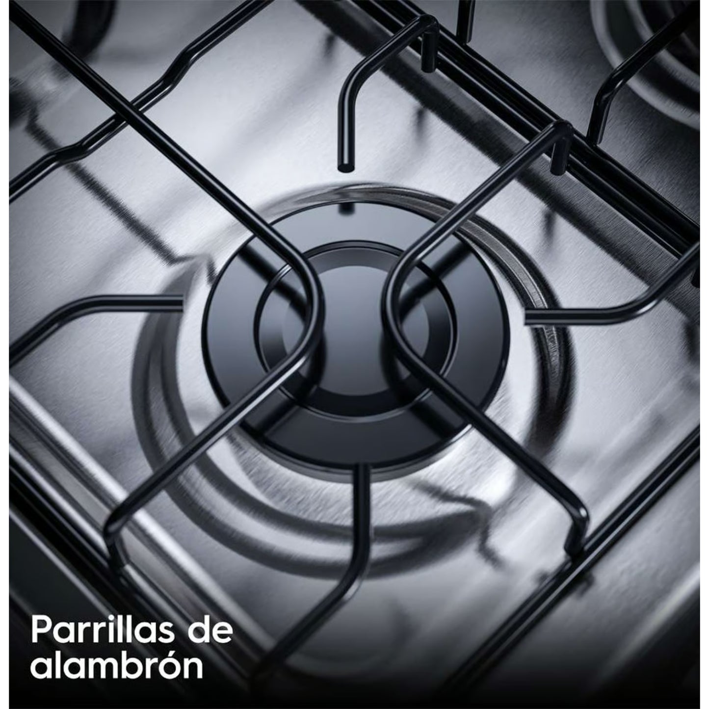 Estufa de gas silver Frigidaire, vista superior de las parrillas de alambrom con acabado brillante.