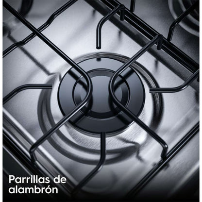 Estufa de gas silver Frigidaire, vista superior de las parrillas de alambrom con acabado brillante.