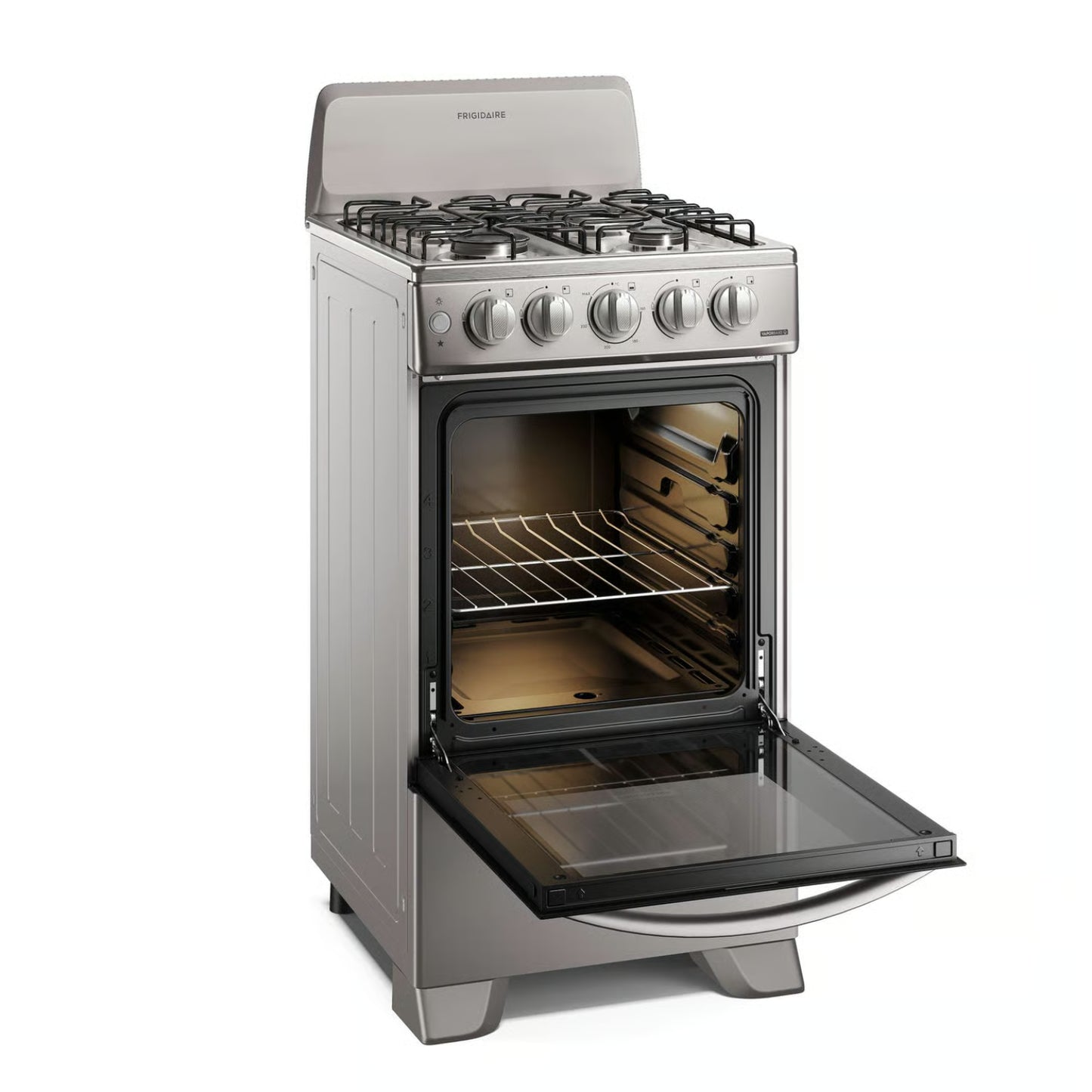 Estufa de gas silver Frigidaire, vista frontal con horno abierto, ideal para comprar estufa de gas silver en Honduras.